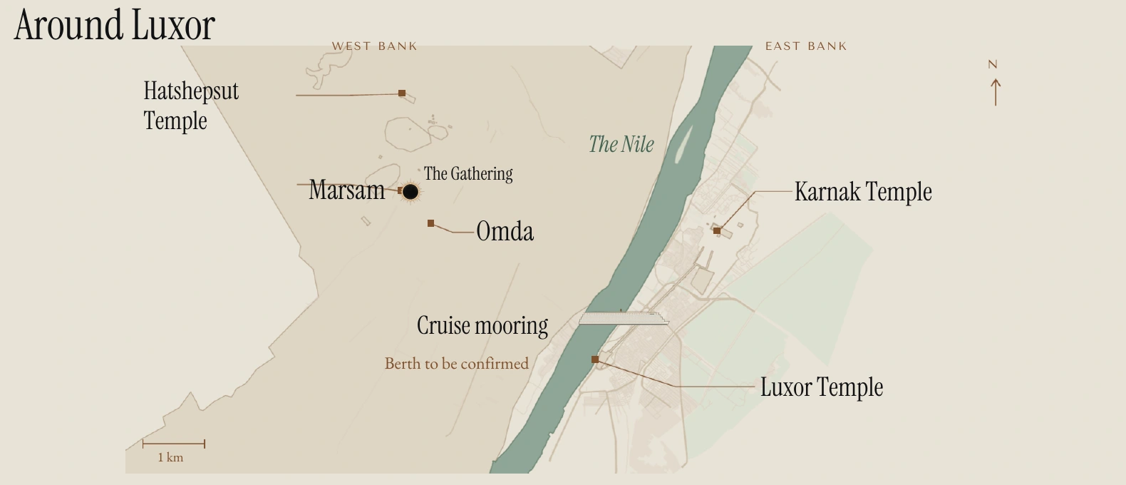 Luxor map showing Marsam, Omda, the Gathering, Hatshepsut Temple, Karnak, Luxor Temple and the proposed cruise mooring. Berth to be confirmed.